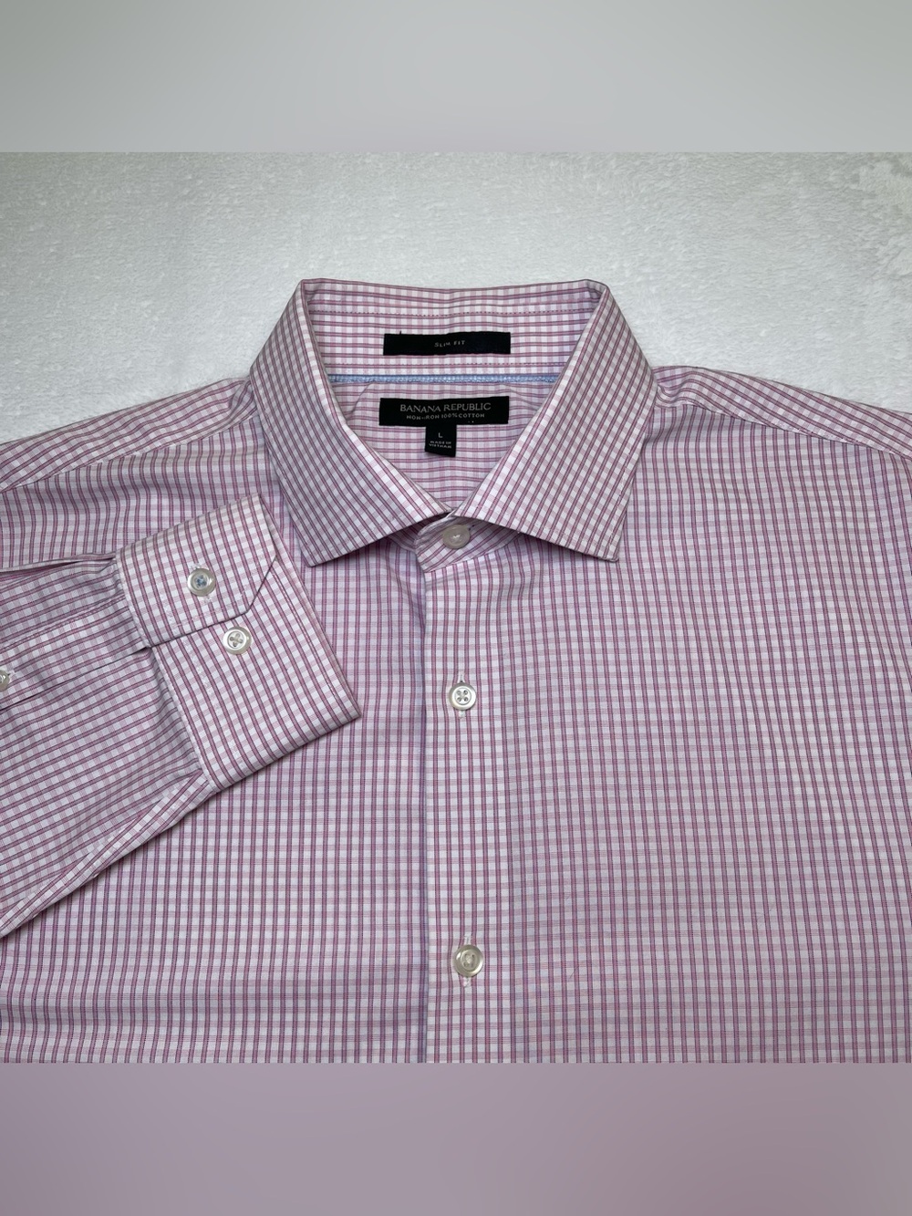 Banana Republic Mens Large Pink Gingham Check Non-Iron Slim Fit Dress Shirt